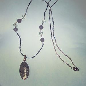 Shimmery gray shell and beads long necklace
